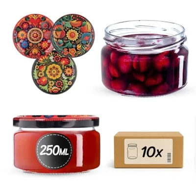 Afbeelding van KADAX Set van 10 kleine jampotten glas 250 ml, met luchtdichte deksels, voor honing en specerijen, kleurrijk bloemenmotief