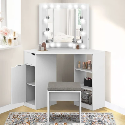 Image de Coiffeuse d&#039;angle ZELIA blanche 3 miroirs LED, étagères, 1 tiroir, caisson de rangement et tabouret