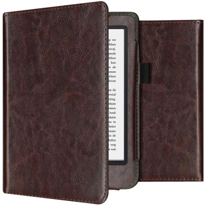 Afbeelding van Hoesje geschikt voor Kobo Clara 2E E reader iMoshion Vegan Leather Bookcase Ook Tolino Shine 4 Donkerbruin