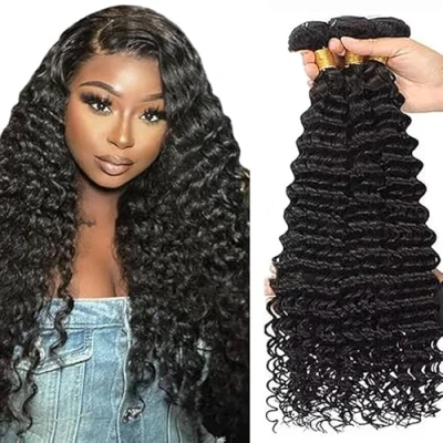 Afbeelding van Tuheerst Deep Wave Human Hair Bundels Extensions Echt Haar Naai in Extension Natural Black 3 Double Weft Remy Minimal Shedding 55 cm 22 inch