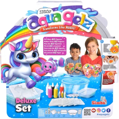 Afbeelding van Aqua Gelz Deluxe set De bevat 9 flesjes kleurgel met basiskleuren, glitterkleuren en kleuren glow in the dark effect, een schaaltje, 6 vormpjes 6x watertoevoeging Hobbypakket