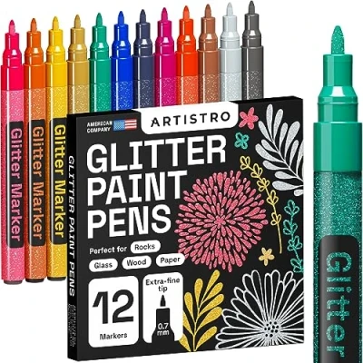 Afbeelding van Glitter Paint Pens voor rotsschilderen, Scrapbook dagboeken, fotoalbums, kaarten, papierproject, kleuren. Set met 12 acryl glittermarkeerstiften, extra fijne punt, 0,7 mm