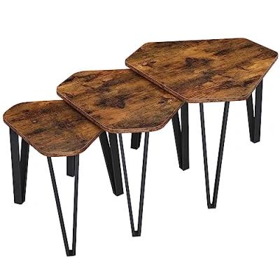 Afbeelding van Vasagle bijzettafelset, 3 st. nachtkastjes, salontafels, met metalen poten, eenvoudige constructie, industrieel ontwerp, vintage bruin zwart lnt14bx