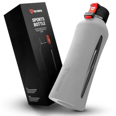 Afbeelding van VIA FORTIS® Glazen fles met hoogwaardige siliconen hoes, waterfles voor sport, fitness, sportschool, fiets en kantoor, onbreekbaar BPA vrij, 550 ml