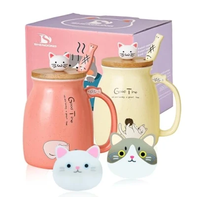 Afbeelding van SHENDONG Set van 2 schattige keramische koffiekopjes met bamboe deksel en lepel, koffiekopjes, melk, theekopjes, kattenmokken, voor kattenliefhebbers, cadeaus