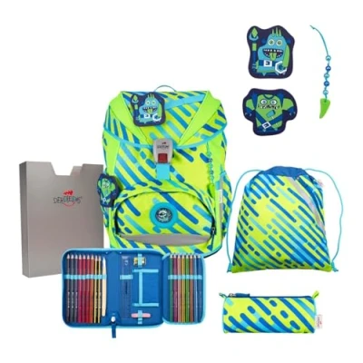 Afbeelding van DerDieDas Schooltas ErgoFlex Exklusiv Neon Schulranzenset 5 delig Monster Neongroen