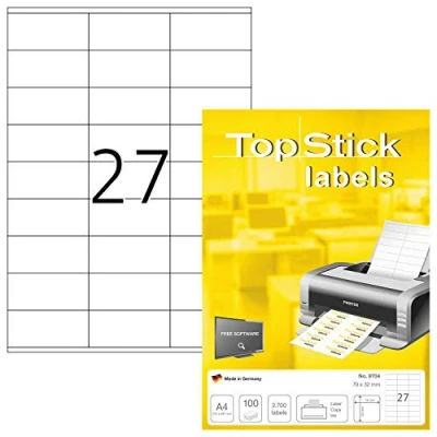 Afbeelding van TopStick pakket met 2700 veelzijdige zelfklevende etiketten (70 x 32 mm) aanpasbaar en bedrukbaar, laser/inkjet printer, (8704)