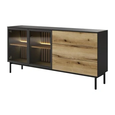 Afbeelding van Buffetkast 2 deurtjes en 3 lades met ledverlichting Houtlook zwart ELYNIA L 179.9 cm x H 84.8 D 39.4