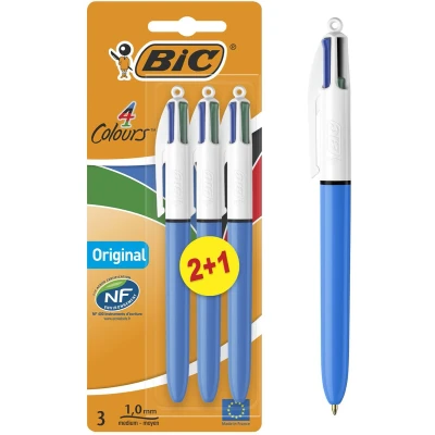 Afbeelding van Bic 4 Colours Original, Balpen, 0,32 Mm, Klassieke Inktkleuren, Blauw, Op Blister 2+1 Gratis Balpen