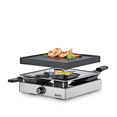 Afbeelding van Spring Klassieke raclette voor 4 personen, zilver, elektrische tafelgrill, aluminium kookplaat met antiaanbaklaag, pannen en schraper, opbergniveau, 22,5 x 21,5 13,5 cm, rakel
