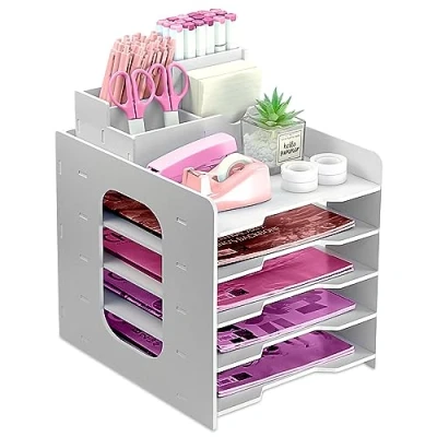 Afbeelding van ideallife Brievenbak met 5 niveaus, archiefblad van hout voor bureau, A4 bureau organizer penhouder, documentenhouder, archiefbladen papier thuis,