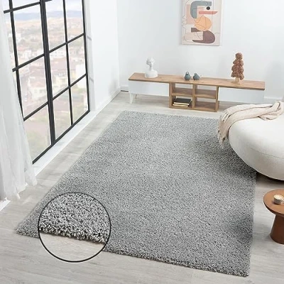 Afbeelding van VIMODA Prime Shaggy hoogpolig gemêleerd tapijt, modern vloerkleed voor woonkamer of slaapkamer, afmetingen: 150 cm vierkant Grijs, 200 x 280