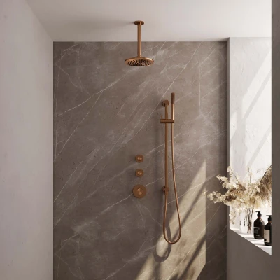 Afbeelding van Brauer Carving 20cm Plafondbuis Staafhanddouche Met glijstang Geborsteld Koper PVD