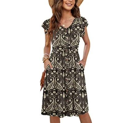 Afbeelding van Molerani Zomerjurk voor dames, casual, ruches, V hals, elastische taille, midi jurk met zakken, maten S 2XL