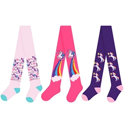 Afbeelding van L&amp;K II Set van 3 gebreide panty&#039;s voor meisjes met verschillende eenhoornpatronen en kleuren, serie 2730B, 134 140, 2730B