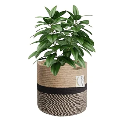 Afbeelding van NATTHSWE Bloempot van geweven katoen, plantenmand, bloemenmand, opvouwbare wasmand, decoratie, 30 cm diameter, zwart