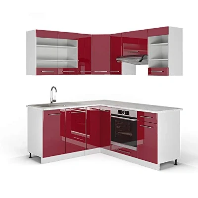Afbeelding van Vicco Hoekkeuken &quot;Fame Line&quot;, hoogglans bordeaux/wit, 160 x 190 cm zonder werkblad