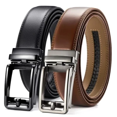 Afbeelding van CHAOREN 2 stuks automatische ratelriem voor heren, gesp, leer, verstelbaar, breedte 35 mm, met geschenkdoos, 03 Imperial Brown/Zwart
