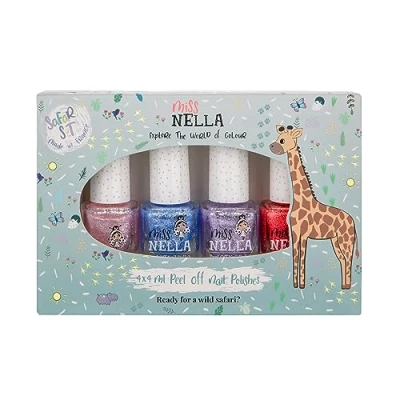 Afbeelding van Miss Nella Safari Set van 4 magische glitter nagellak Roze, rood, paars en blauw Afpelbare speciaal voor kinderen formule Niet giftig Op waterbasis