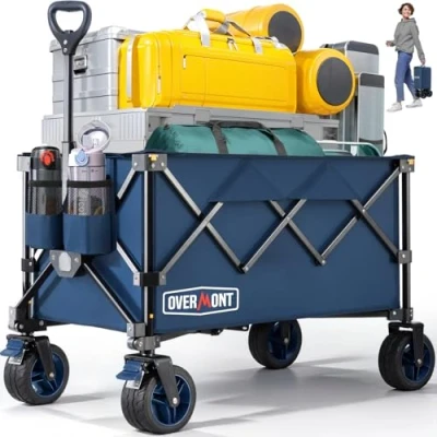 Afbeelding van Overmont Opvouwbare bolderkar met brede wielen, 150 kg belastbaar, voor camping, sport, winkelen, tuin, blauw