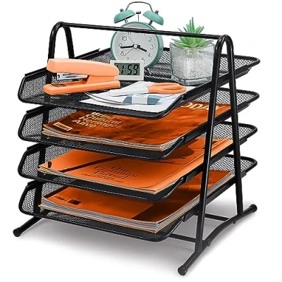 Afbeelding van Metalen documentenlade 4 compartimenten brievenbak organizer, mesh design bureaulade, bureau organizer zwart documenten voor thuiskantoor lade