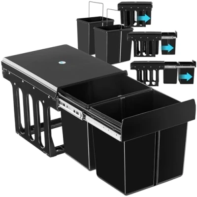 Afbeelding van tectake® Afvalverzamelaar inbouw vuilnisbak 2 voudige Scheiding, 30L, Telescooprails Compacte Opruimoplossing voor Keuken en Kantoor Prullenbak