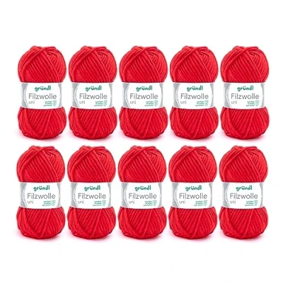 Afbeelding van Gründl Viltwol Uni (vilt, brei en haakgaren, 100% zuivere scheerwol, 50g/50m, naaldmaat 8 9, 10x50g), felrood