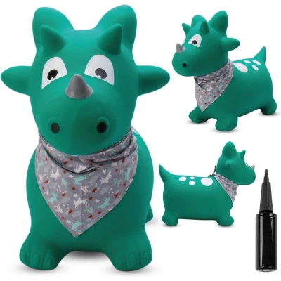Afbeelding van Opblaasbaar springdier, 1 jaar kinderspeelgoed voor binnen en buiten, ergonomisch design, inclusief handpomp (witte roze eenhoorn met bandana) (Dino groen