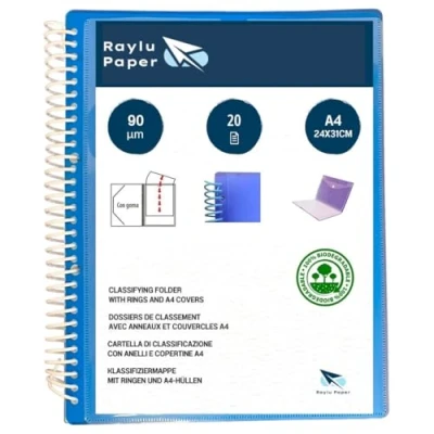 Afbeelding van Raylu Paper® Ringmap met transparante A4 hoezen van 90 micron en envelop klittenbandsluiting, individueel aanpasbaar deksel. 100% biologisch afbreekbare map (20 hoezen, blauw)