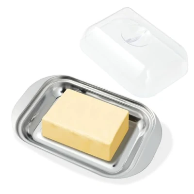 Afbeelding van Botervloot van roestvrij staal, botervloot, kom met deksel, 18 x 11 cm, voor 250 g boter, ook geschikt kaas, cake, desserts, koude gerechten en kleine