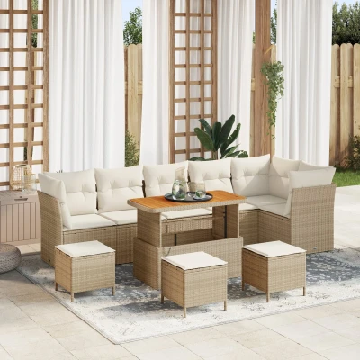 Afbeelding van vidaXL 10 delige tuinbankset met kussens in beige, poly rattan en acacia