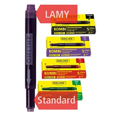 Image de ONLINE Lot de 4 Cartouches d&#039;encre multicolores double face Rouge, vert, noir, violet universelles compatibles avec tous les stylos plume courants et même Lamy