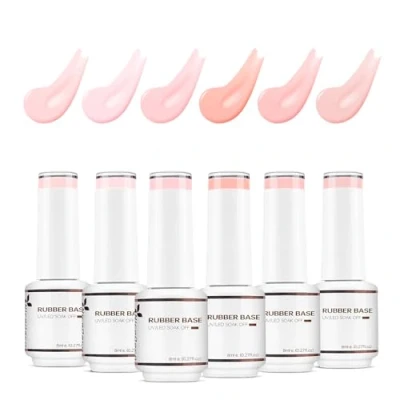 Afbeelding van Nicedeco 4 in 1 rubberen basisgel, transparant, kleurrijk, roze, nude, nagellak, UV, LED, inweken, elastisch, rubber, versterkte onderlaag, 6 stuks x 8 ml, set 37