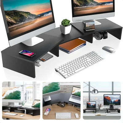 Afbeelding van Cheqo® Dubbele Monitorverhoger Monitor Verhoger Laptop Standaard Laptopverhoger Bureau Organizer voor Twee Schermen MDF Zwart Met Kabelmanagement Inclusief EBOOK