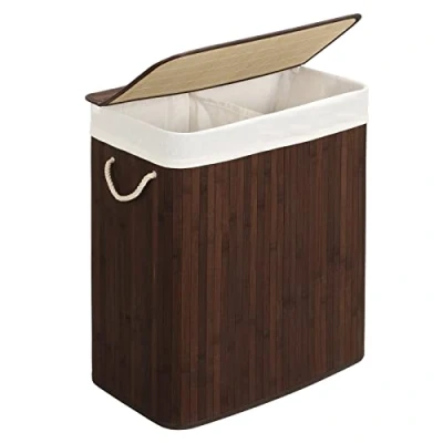 Afbeelding van SONGMICS wasmand van bamboe, wasbak met 2 vakken, wassorteerder deksel en afneembare waszak, katoenen handvatten, 100 L wasbox, bruin LCB72Z