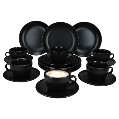Afbeelding van MamboCat Panther Koffieservies, 18 delig, zwart, koffieservies van mat aardewerk voor 6 personen, koffiekopjes 160 ml, schoteltjes en taartborden, elegant servies de kleine