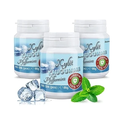 Afbeelding van Xylitquelle Pepermunt kauwgom, 3 x 80 stuks, 100% xylitol voor een aangename adem, suikervrij, veganistisch, aspartaamvrij, 240 kauwgom