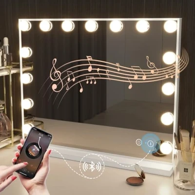 Afbeelding van Hansong Bluetooth Make upspiegel, Spiegel met 15 LED lampen, Hollywoodspiegel 3 lichtmodi, USB Tafelspiegel, Grote Voelbare Bediening