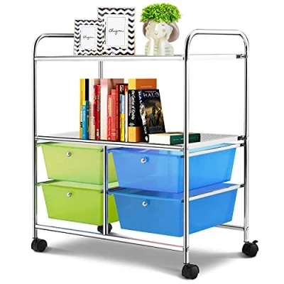 Afbeelding van COSTWAY Opbergwagen op wielen met 4 kunststof laden, opbergtoren, metalen frame, trolley voor kantoor, woonkamer, keuken, badkamer