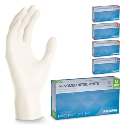 Afbeelding van ARNOMED Witte wegwerphandschoenen, nitril handschoenen, maat M, 100 stuks/doos, poedervrij en latexvrij, verkrijgbaar in de maten S, L XL
