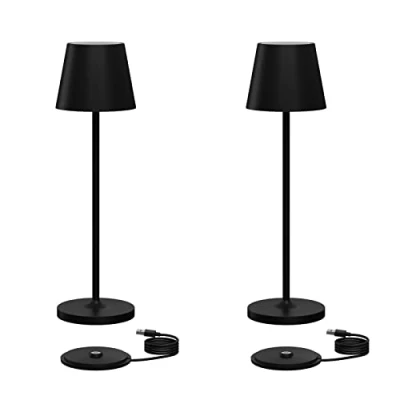 Afbeelding van Klighten Set van 2 dimbare led tafellampen, draadloos, warme kleur, 3000 K, oplaadbaar, aluminium, voor binnen en buiten, met USB laadstation, IP54 waterdicht, zwart