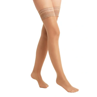 Afbeelding van FALKE Seidenglatt eenkleurig materiaal transparant 15 DEN stay up kousen dames huidskleur maat 8.5 9