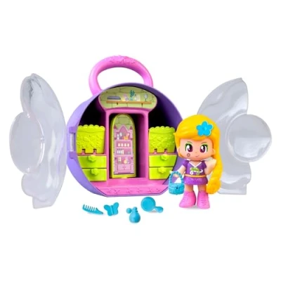 Afbeelding van Pinypon Verhalen met tas, paarse tas handvat, Rapunzel figuur uit de sprookjeswereld, kast voor het opbergen van accessoires en kleding, inclusief 3 kleine accessoires, beroemd (PNY82100)