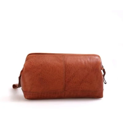 Afbeelding van Spikes &amp; Sparrow Toilettas Toiletry Bag Cosmetische Tousse voor heren, dames, echt leer, Cognac., van leer met ritssluiting, doktersstijl