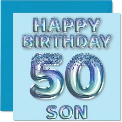 Afbeelding van Verjaardagskaart voor de 50e verjaardag zoon, blauwe glitterballonnen, verjaardagskaarten 50 jarige zoon van mama en papa, 145 mm x