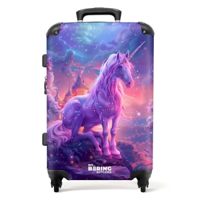 Afbeelding van NoBoringSuitcases.com Grote koffer Paarse eenhoorn in magische omgeving Kinderkoffer meisjes Reiskoffer met 4 wielen Trolley op wieltjes Rolkoffer groot kinderen 72 liter Ruimbagage valies 20kg