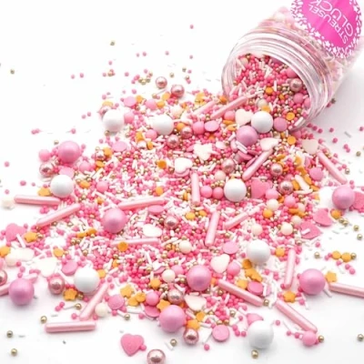 Afbeelding van Streusel Glück Erste Liebe wit/roze/goud, 90 g, suiker voor taart, taartdecoratie kinderverjaardag, meisjes, als decoratie