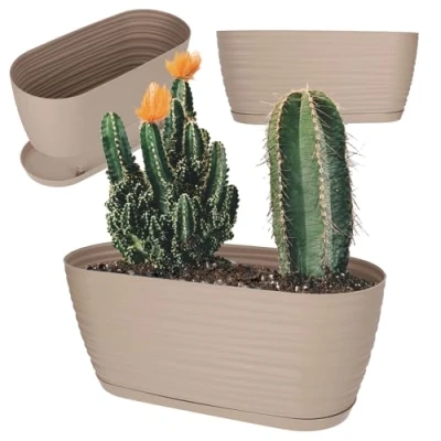Afbeelding van KADAX bloempot met onderzetter, voor binnen, lichte van kunststof, bloemen, planten, huis, slaapkamer, 27 cm, beige