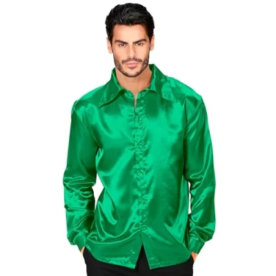 Afbeelding van Widmann Feesten &amp; Gelegenheden Kostuum Jaren 70 Overhemd Froggy Green Satijn Man Groen XL Carnavalskleding Verkleedkleding