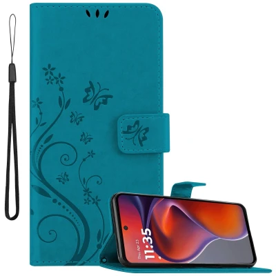 Afbeelding van Cadorabo Hoesje geschikt voor Motorola Moto G15 in BLOEMEN BLAUW Beschermhoes bloemmotief met magnetische sluiting, standfunctie en kaartsleuven Book Case Cover Etui